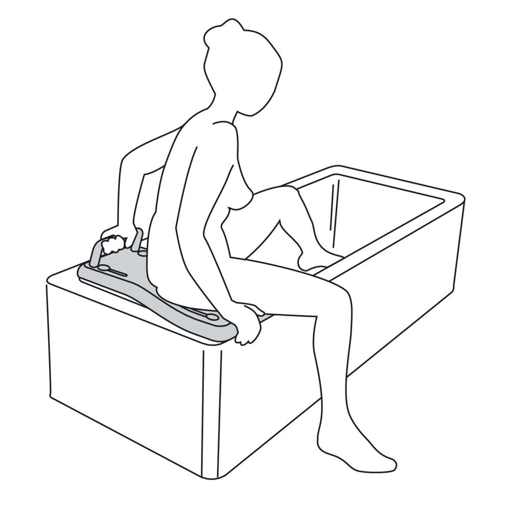 Grip the handle and the bath board edge while lifting one leg at the time over the bathtub edge.