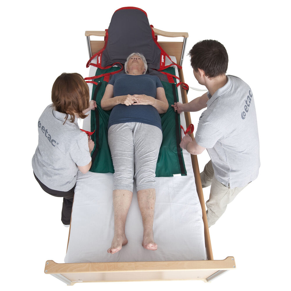 Application of Molift Fabric Stretcher when the client is in a horizontal position is easily performed with an Immedia SlingOn.