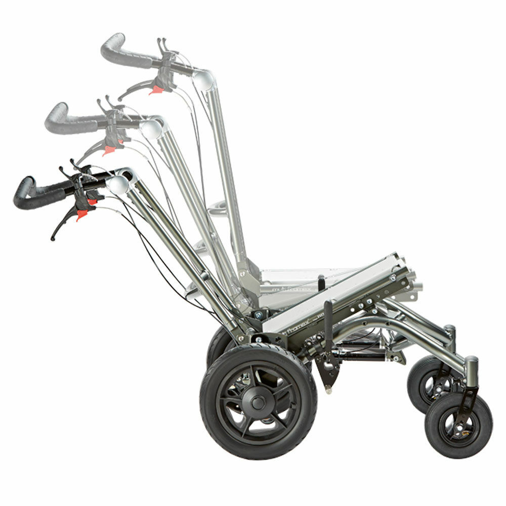 The tilt-in-space and back recline functions are operated from the push brace ensuring optimum working conditions. Stepless recline of the push handle makes it possible to adapt the height to any carer